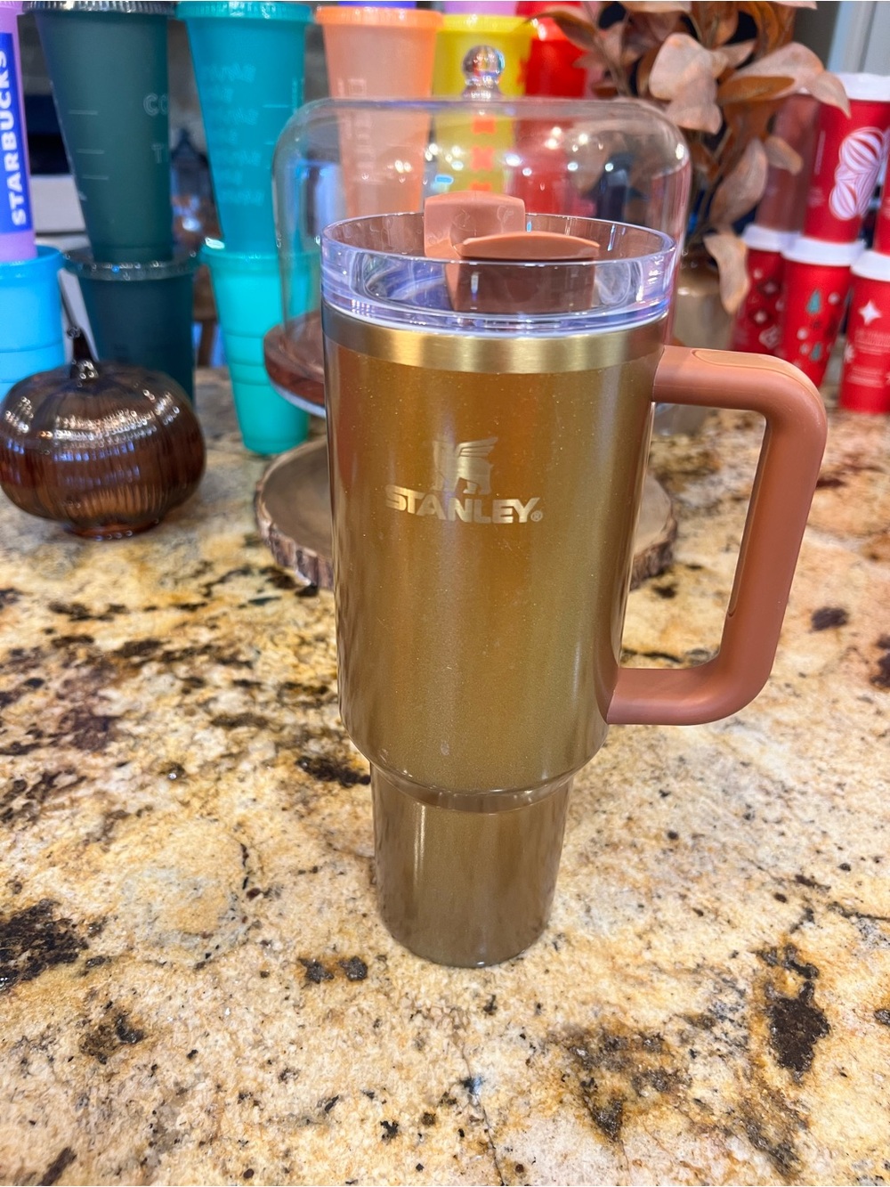 Stanley Gold Travel Mug with Brown Handle